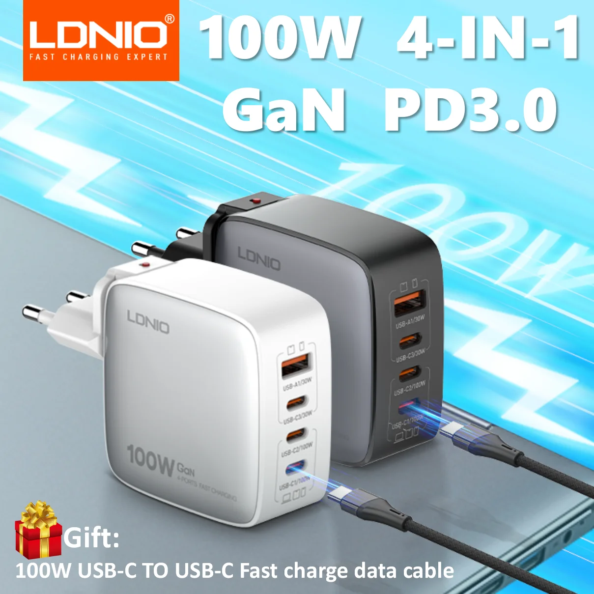LDNIO USB C , 4 Ʈ GaN ̽ Ʈ  , ƺ  , е,  15  S23   , 100W